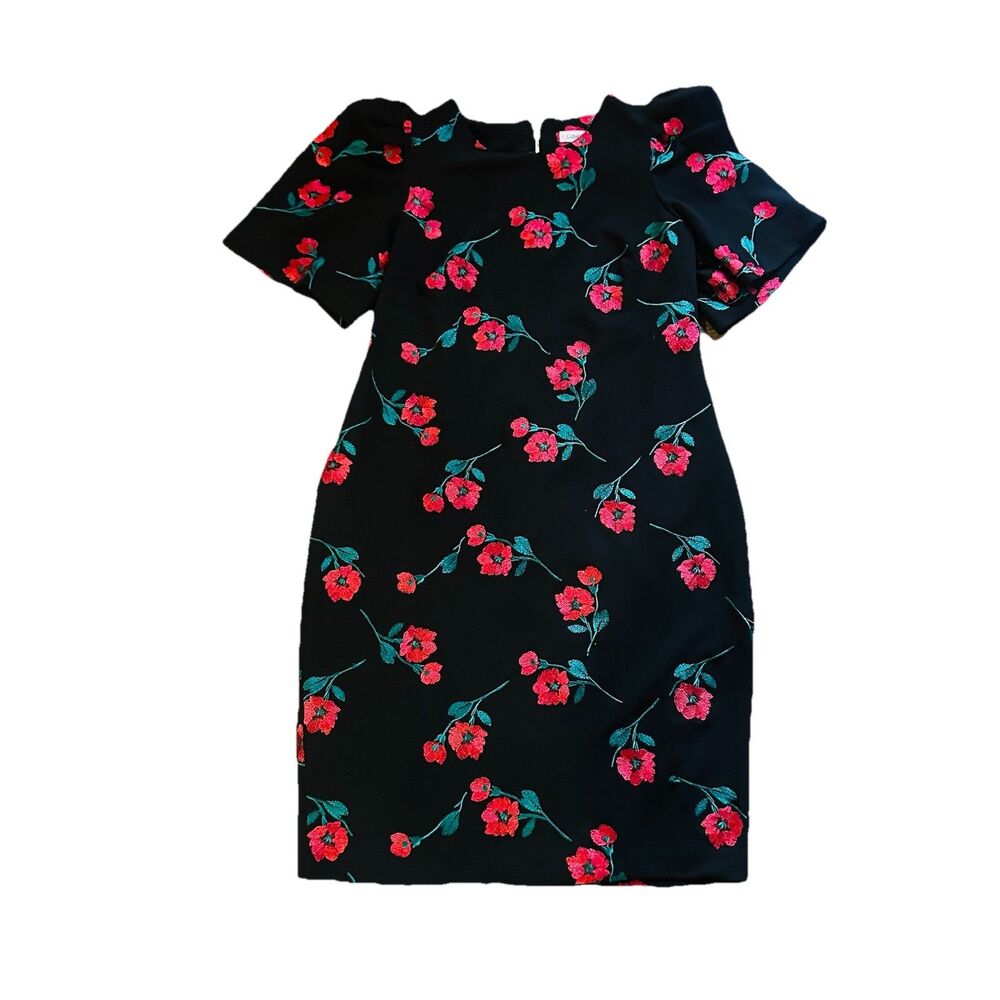 Calvin Klein Dress Women’s 10 Black Red Sheath Puff Sleeve Midi Embroidered Chic